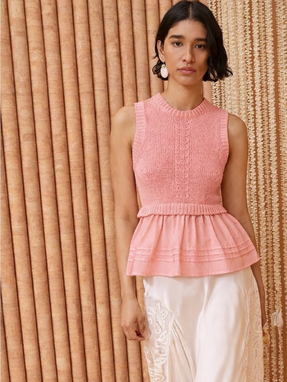 Sleeveless Pink Cable-Knit Bodice With Pleated Peplum Hem Top